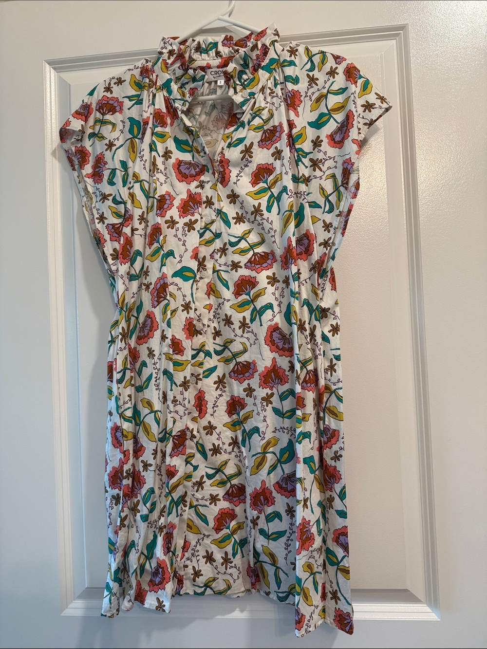 CROSBY by Mollie Burch White Floral Mini Dress with Red, Teal & Yellow Print